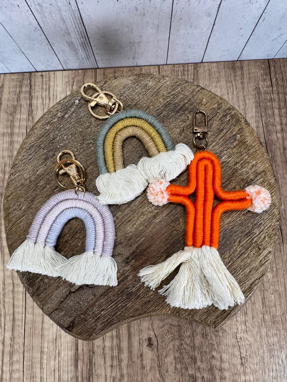 3 Macrame Charms Green Cactus Rainbow Charms Set Gift